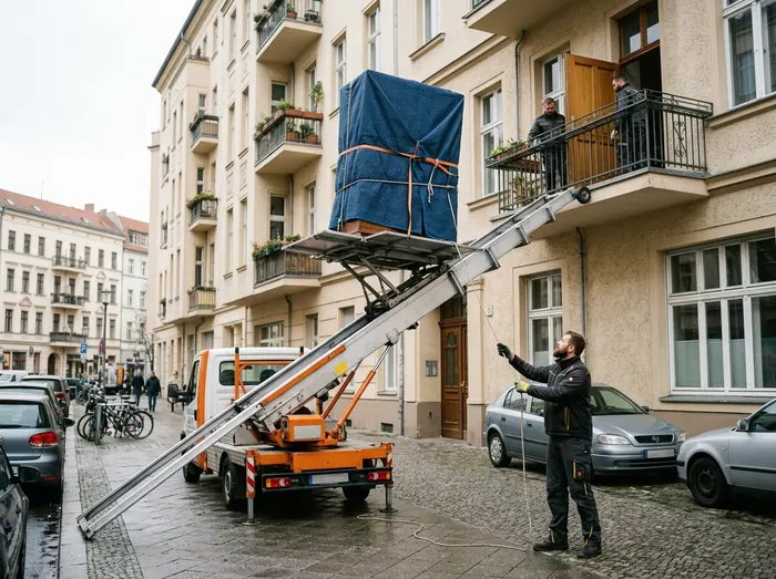 Möbellift an einer Hausfassade transportiert einen verpackten Schrank