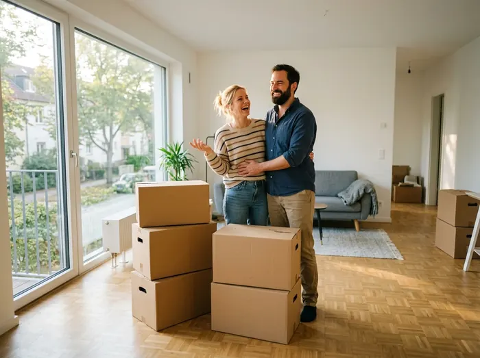 Paar in der neuen Wohnung zwischen letzten Umzugskartons