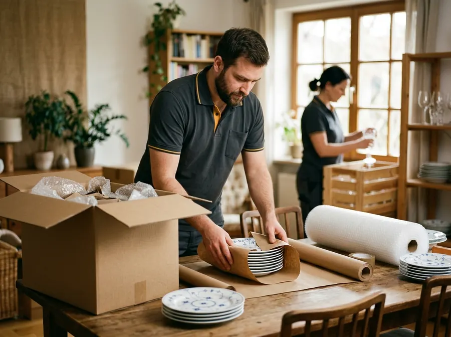Umzugshelfer wickelt Geschirr in Packpapier beim Komplettumzug mit Packservice